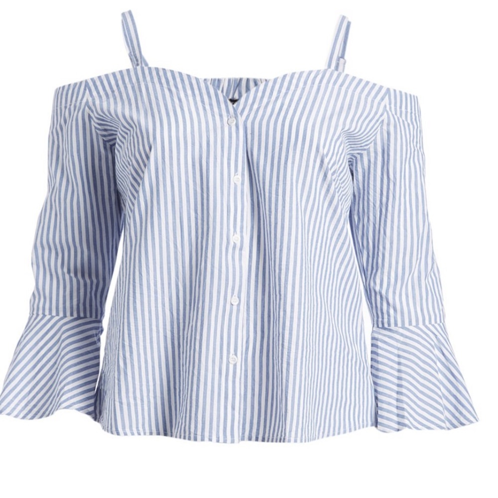 Blue & White Stripe Cutout Shoulder Button Front